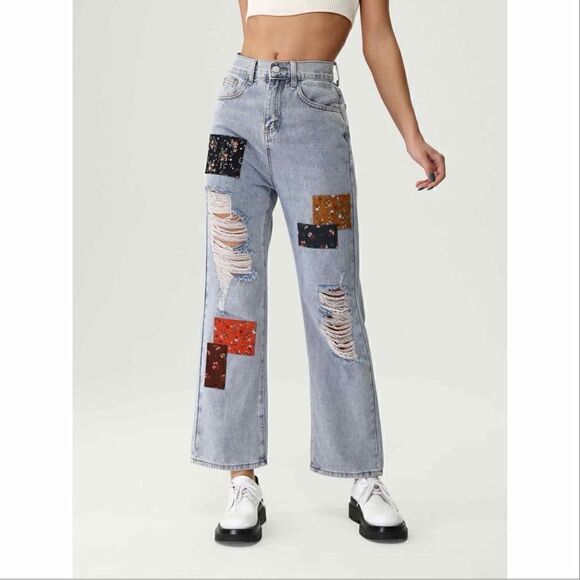 Cider Distressed Patchwork Wide Leg Crop Jeans Blue XL 10 - Picture 2 of 15